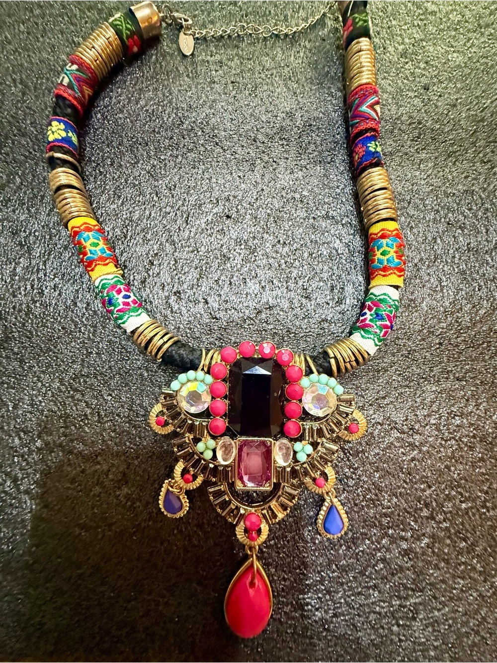 🇨🇦Bizou Boho Statement Bib Necklace Colorful Jewels Embroidered Collar